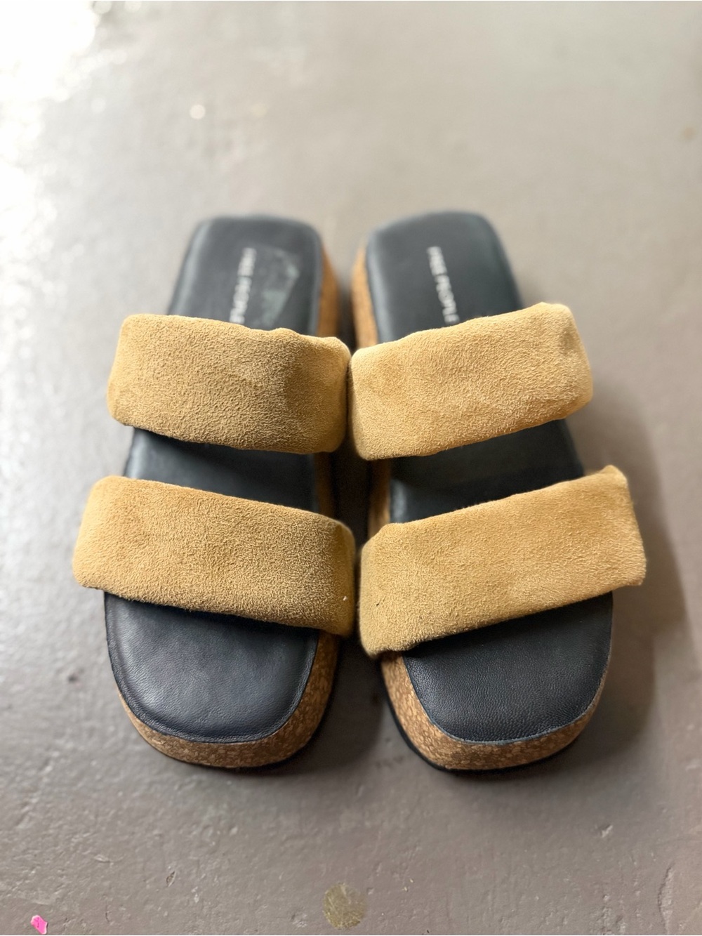 Free People Suede Double-Strap Slide Sandals in Camel